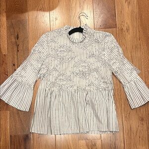 Zara White and Black Striped Blouse with Ruffle Sleeves